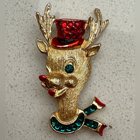 Vintage Weiss Christmas Rudolph Top Hat Reindeer Figural Brooch Pin Gold Tone - Picture 2 of 8
